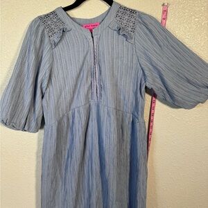 Betsey Johnson Light Blue Striped Gauze Mini Dress with Lace Shoulder Detail